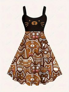 Основные повседневные платья весны и летние женские женщины Новое милое платье для печати кошки y240509