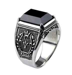 Vintage Ring Men gerçek saf 925 Sterling Gümüş Mücevher Siyah Obsidiyen Doğal Taş Yüzük Punk Rock Moda Y18907059406064