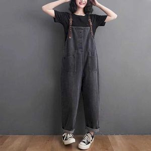 Women's Jumpsuits Rompers Black Denim Jumpsuits for Women Korean Style Solid Playsuit Wide Leg Pants Loose Trousers Oversized Overalls for Women Clothes Y240510