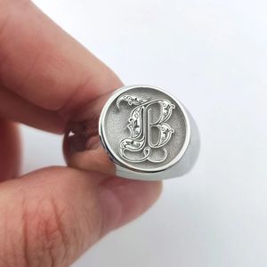 Custom 925 Solid Silver Men Letter Engrave Ring Personalized 15mm Chunky Signet Ring 3D engraved Royal Initial Letter Ring 240510