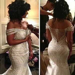 2023 Portrait Mermaid Wedding Dresses Organza Beading Backless Sequin Off Shoulder Bridal Gowns Sweep Train Custom Made Bridal Vestidos 269v