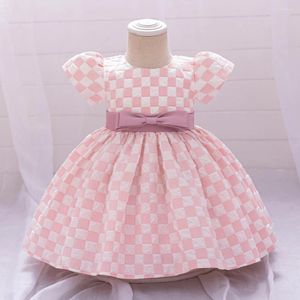 Flickaklänningar 2024 Pink Bow Princess Dress for Baby Girls Toddler Summer Pleated Gown Kids 1st Birthday Party Prom Infant Formal Costumes