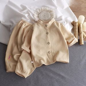 Barn sätter flickor Stand Collar Cotton Gaze Sude Summer Thin Pure Home Clothes Air Conditioner Loungwear Outfit 240426