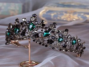 Роскошные роскошные барокко свадебная корона Тиара черная темно -зеленая хрустальная головные уборы вечерние аксессуары для невест Gothic Bridal4599377