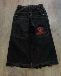 Rua Bordado vintage Padrão de bordado y2k jeans largos pernas largas calças de jeans de tamanho grande Hip Hop Goth Black Low Rise Pants Homens Mulheres 240429