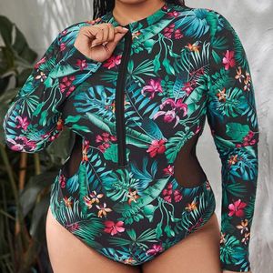 Women's Swimwear Europe And The United States Surf Wear Large Size Swimsuit Mesh Splicing Long Sleeved Sun Protections Belly Zipper