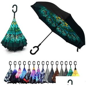 Umbrellas Wholesale Reverse Upside Down Umbrella With C-Shaped Handle Windproof Rain For Women And Men Drop Delivery Home Garden House Dhefk