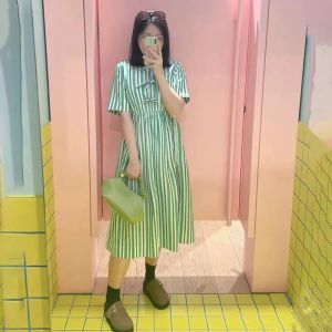 2024 Spring and Summer Mint Green Vertical Stripe Tie Round Neck Cotton Loose Women Holiday Dress