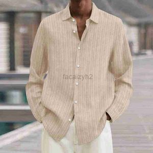 Men's T Shirts Plus Tees & Polos Seasonal long sleeved lapel loose button cotton linen striped cardigan shirt for men Plus Tees