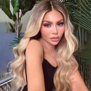 Front lace wig European and American wig for women with long curly hair, middle-parted gradient chemical fiber lace wig HD 13*4 fully hand-woven high temperature silk wig