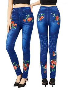 Leggings femininas Cuhakci Blue Faux Jeans Mulheres Impressão Floral Slim Fit Fit Elega Lápis Pants Plus Tamanho Elastic Falsa Jeggings