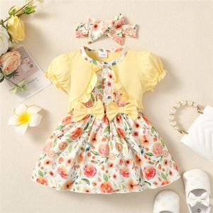 Mädchenkleider 2pcs Säuglingsmode florale Blasenhülsenkleid mit Bogenstirnband Geburtstag für Kleinkind 6-24 Monate