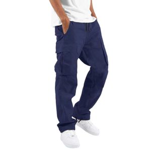 Men's Pants Mens solid color street casual sports pants with multiple pockets and drawstring elastic waist work pants fashionable loose pantsL2405