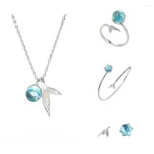 Orecchini di collana set 925 argento con cristallo a sirena di cristallo a ciondolo anello di orecchini per le donne per donne regalo di gioielli A008