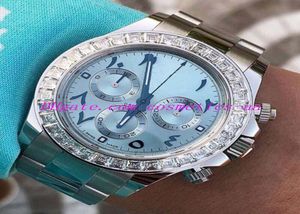高級時計ダイヤモンドベゼル40mmアイスブルーアラビア語レアダイヤルステンレススチールブレスレットオートマチックファッションメン