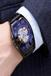 Czarny prostokąta moda luksusowa marka zegarek Mężczyźni Automatyczny mechaniczny szkielet męski zegar prezentowy zegar skórzane zegar na rękę 2107079826656