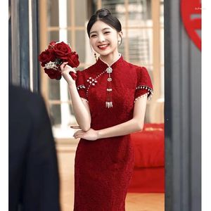 Ubranie etniczne eleganckie podzielone qipao kobiety Burgundia Bankiet suknia seksowna koronkowa kwiat cheongsams szczupła chińska sukienka vintage mandarynki kołnierz