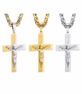 Crucifix Jesus Pendant Necklace Gold Color Stainless Steel Christs Bible Men Jewelry Byzantine Chain Gift for Father3845430