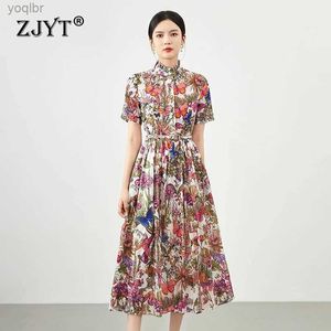 Urban Sexy Dresses ZJYT Summer Flower Print Midi Womens Shirt Dress 2024 New Ruffled Neckline Short Sleeve Casual Holiday Dress Tank TopL2405