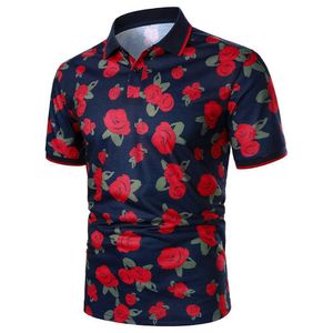 Men's Polos Men Short Slve Polo Shirt Rose Pattern Digital Printing Top Strtwear Casual Fashion Holiday Men Rib Lapel Polo Shirt Y240510FEHF