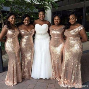 Sparkly Gold Sequins Cheap Mermaid Bridesmaid Dresses Off Shoulder Backless African Plus size Beach Wedding Gowns 285f