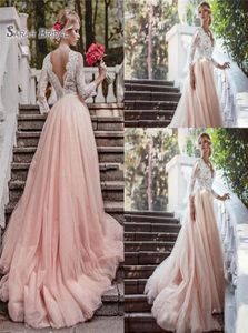 Blush Pink Lace 2020 A Line Wedding Dresses Vneck långa ärmar Vintage brudklänning backless applikationer plus storlek brudklänningar1683409