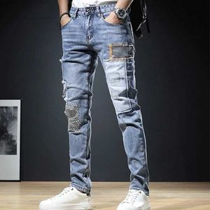 Men's Jeans Spring New Arrival Mens Elastic Embroidery Patch Work Hip Hop Denim Pants Casual Style Ultra Thin Suitable for Cotton Trousers Q240509