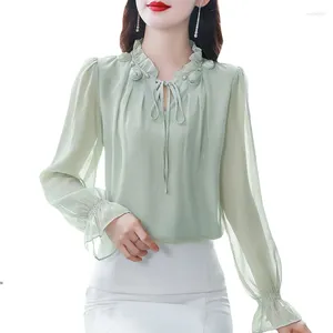 Kadın Bluzları M-4XL Bahar 2024 Moda Şifon Bluz Petal Yakası Uzun Kollu Sıradan Üstler Zarif Baç Tie Kadın Gömlek