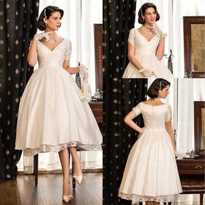 A-line Princess V-neck Tea-length Taffeta Wedding Dress Short Sleeve Short Beach Style Bridal Wedding Gowns 279t