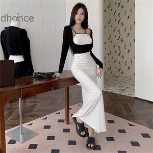 Yl23433 Autumn New Fashion Splicing Contrast Color Set Fresh and Elegant Slim Fit Coat Dress Womens Wear