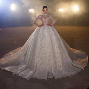 Modest High Collar Long Sleeve Bride Dress Sparkly Sequins Wedding Gown 2024 Luxury Ball Gown Long Bride Robe Vestido De Novia Customed