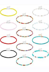 QIMOSHI 12PCS Boho Glass Seed Beads Choker Necklace Colorful Beaded Rainbown Beach Bead Choker Necklaces for Women5563578