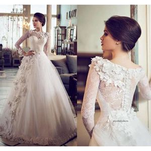 Designer árabe Dubai Lace Vestes Muslim Mangas longas Uma linha Vestido de noiva Bateau Flores de embelezamento Modest Bridal Dress 0510