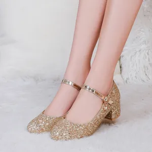 Отсти туфли сладкие девушки Performance Performe Pequin Fairy Gold Gold Silver Red Cround Toe Middle Heels Свадьба Мэри Джейн Пешель размером 34-43