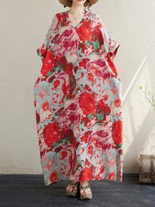 Vestidos de festa Flor de grandes dimensões Impressão floral Verão Vestido longo Vestido comprido mulheres soltas Moda plissada Mulher de manga curta