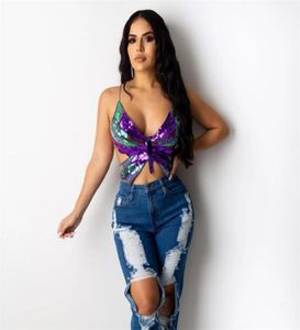 Summer Club Crop Top Women Sequined V Neck Slim Vest Tee Sexy Lady Night Party Short Purple Strap Tank Top T Shirt Outfit9730372