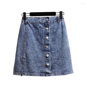 Saias 2024 xxl-6xl Salia de jeans alta cintura A-line Mini Women Summer Elastic Single Button Blue Jean G353