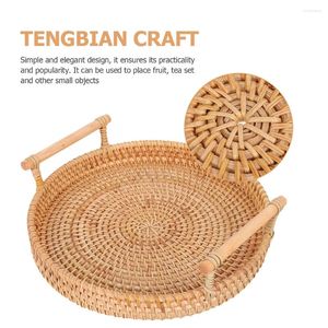 Dinnerware Sets Boho Decor Rattan Round Tray Woven Basket Snack Wicker Serving Coffee Table With Handles