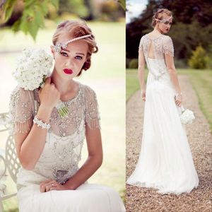 Vintage Great Gatsby Sparkly Crystal Beach Wedding Dress Jenny Packham Cap Sleeve Country Open Back Bridal Clows Vestidos de Novia 2245