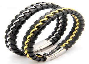 Unik designer rostfritt stål armband armband mens gåva svart läder stickad magnetisk lås armband män smycken4257581