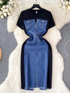 Lusumily Summer Spliced Long Denim Dress Womens Highend Highend WAIST FAKE TWOPIECESKIRT LADY CASUAL HOLIDY JEAN 240510