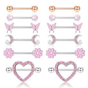 Nippelringar Drperfect 14G Womens Nipple Ring 316L Rostfritt stål Hjärtformad fjäril Mån CZ Flower Barbell Söt bröst perforerade smycken Y240510