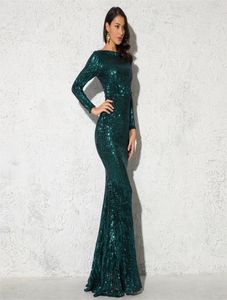 Emerald cekinowa O Długie rękawie wieczorne impreza Elegancka Elegancka cekinowa długość podłogi maxi sukienka Czarna Y2008051703223