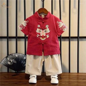 Clothing Sets 2024 Chinese Cotton Linen Tang Suit For Boy Girls Dragon Printing Short Sleeved Top Pant Set Baby Year Clothes