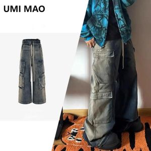 Umi Mao Ro Style Mens Womens Clothing Городская унисекс -брюки вымыты широкие ноги много карманные джинсы мода 240510