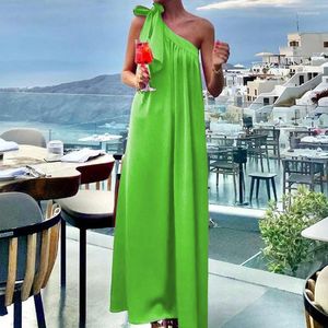 Casual Dresses Sexy Skew Collar Solid Color Banquet Dress Elegant Sleeveless Lace-up Pleated Evening Lady Holiday Beach Long