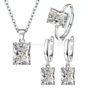 925 Silver Ring Earrings Necklace for Women Rectangle Geometry Zircon Wedding Elegant Jewelry Sets