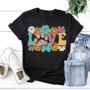 Koszulka damska Y2K Short Slves Sunmmer T Shirt Love Floral Leopard Paw Print Shirt Mama Prezent dla psa Mom Lover Bawełny moda Tops Y240509