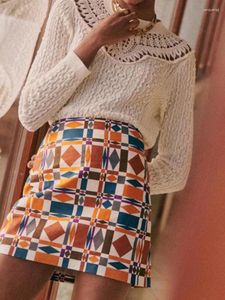 Skirts Women Skirt 2024 Colorblocked Geometric Pattern Printed Straight A-Type Cotton Linen Casual Short