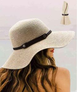 新しい日焼け止め巻き麦わら帽子ソフト型麦わら帽子夏の女性ワイドブリムビーチサンキャップUV保護帽子G2204183020933